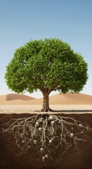 Tree with roots growing through human skeletons in desert. Concept of life and death cycle, ancient history or dark fantasy.