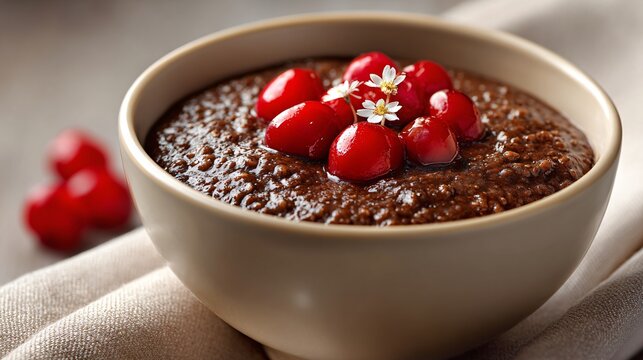 Chocolate porridge topped with cherries on matte cream background, side copy space - Powered by Adobe
