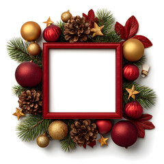 Festive red square frame surrounded by christmas ornaments pinecones and greenery isolated on white background