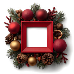Festive red square frame surrounded by christmas ornaments and pine cones isolated on white background