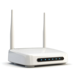 Modern white wireless router with two antennas displayed on a clean white background isolated on white background