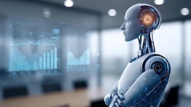 A sleek AI robot with illuminated neural pathways gazes thoughtfully in a high tech workspace. The scene highlights innovation, automation, and the future of technology in business environments
