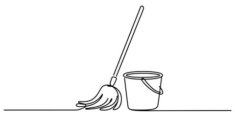 Continuous one line drawing of a classic cleaning mop and a utility bucket, depicting essential household tools for domestic hygiene tasks and sanitation. Vector, illustration