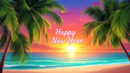 Obraz premium Happy New Year Tropical Beach Sunset