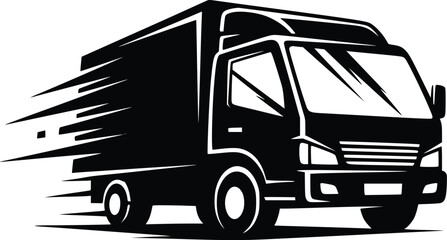 Black and White Vector Icon of Delivery Truck in Motion Representing Speed and Logistics
