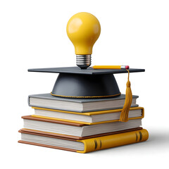 Stack of books topped with graduation cap light bulb and pencil isolated on white background