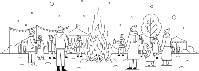 Winter festival scene with people gathered around a bonfire in a snowy landscape