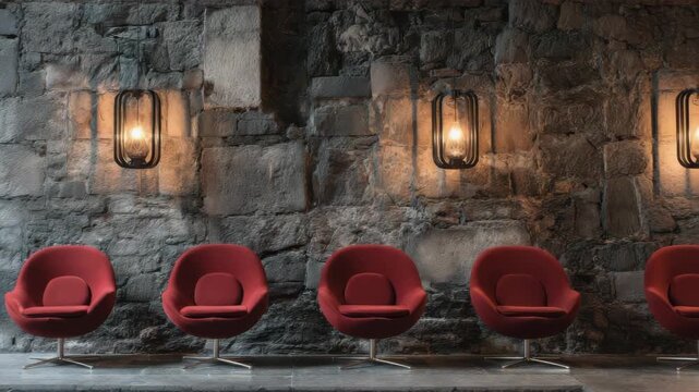 Modern Red Armchairs Lining Textured Stone Wall with Sconce Lighting in Interior Setting