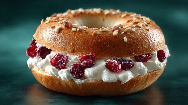 Cranberry bagel with cream cheese on deep forest-green background, open bottom space