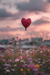 Fototapeta premium heart shaped balloons in the flower field