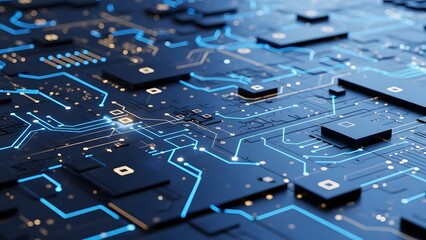 Complex circuit board with glowing traces and components