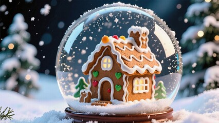 Gingerbread house inside snow globe