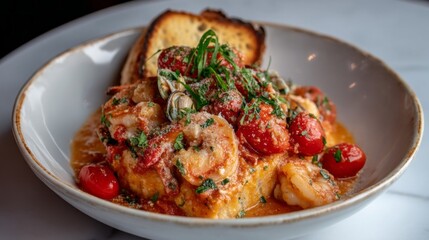 A vibrant dish featuring succulent shrimp and clams is beautifully plated with fresh tomatoes and herbs. Accompanied by toasted bread, this meal looks tempting and ready to enjoy