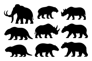 Naklejka premium Silhouettes of prehistoric animals: mammoth, saber-toothed cat, rhino, glyptodon, sloth.