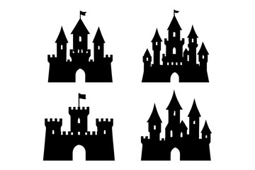 Obraz premium Four black silhouette castles with flags and towers.