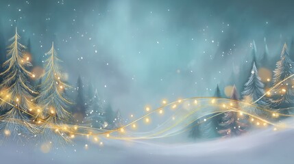 Illuminated trees stand tall in a magical winter landscape, draped in sparkling lights as soft snowflakes gracefully descend from the sky. A serene moment of beauty unfolds