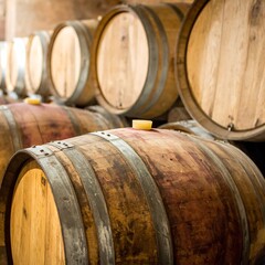 Close-up of wine barrels in a cellar. Focus on wooden craftsmanship