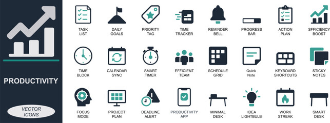 Productivity icon set. With focus on task, time, planner, calendar, workflow, reminder, and goals. Perfect for apps, UI design, dashboards, and websites.