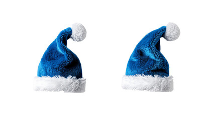 Blue Santa Hat Decorative Object Duo in Unique Close-Up Collage Isolated on Transparent Background.