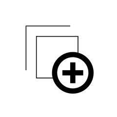 Two overlapping square outlines with a bold plus sign inside a circle on the lower right side