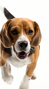 A beagle dog running with lifted paws, mid-motion freeze, isolated white background