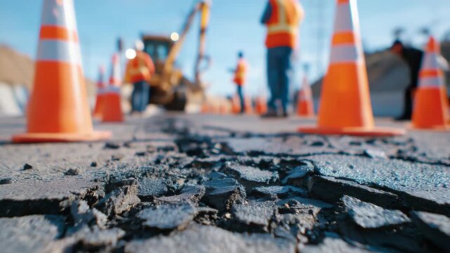 Low-angle shot of road repair equipment, asphalt fragments scattered across the cracked surface, orange cones leading into the blurred silhouettes of road workers