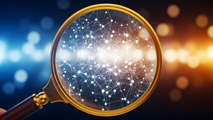 Magnifying glass revealing network connection with abstract light