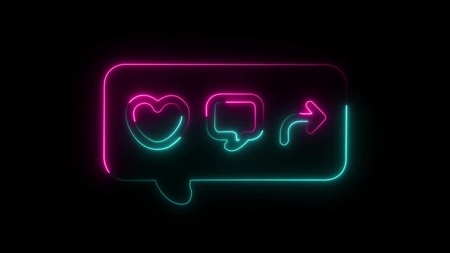 Animated neon social media icons with a heart like, comment bubble, and share arrow in glowing cyan and pink on a black background, abstract animation loop
