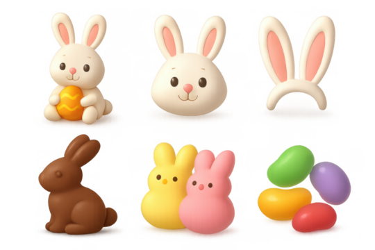 Cute easter bunny and egg icons for holiday decoration and design projects