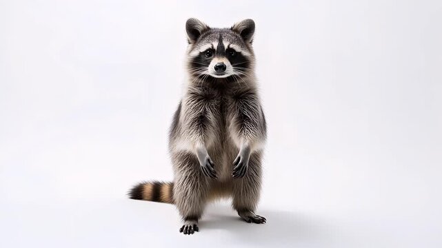 A Gray Raccoon Stands Upright on a White Background With Soft Shadows