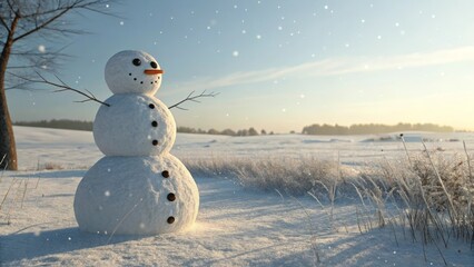 Beautiful Snowman in Snowy Landscape During Winter Day with Snowfall and Sunlight