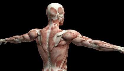 Detailed Anatomical View of Human Musculature from Rear Angle Isolated on Black