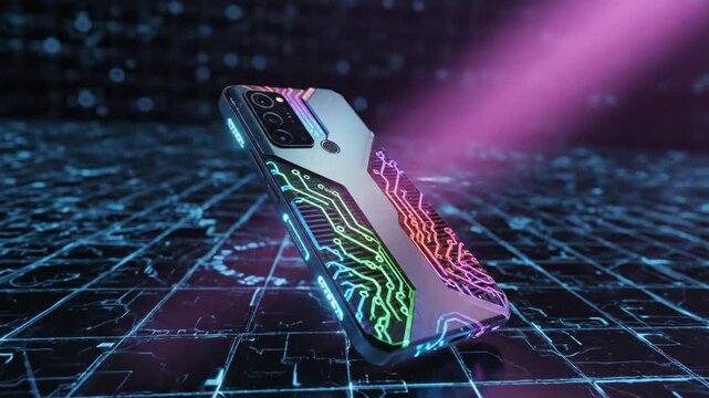 A phone case with illuminated circuit patterns rests on a dark reflective surface with redorange ambient light