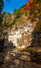 Shiraiwa Canyon and Obitsu river, Kamogawa in Japan, at red autumn leaves season