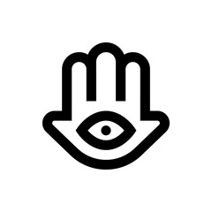 A stylized black and white hamsa hand symbol with an eye in the palm, minimalist design element style