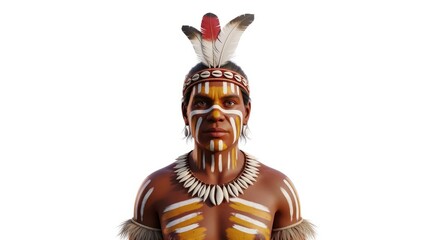 Indigenous Person With Traditional Face Paint And Headdress On White Background