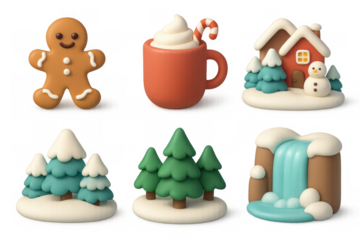 Charming winter wonderland icons featuring gingerbread, snowy trees, and cozy cabin design for holiday projects