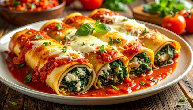 Frisch zubereitete Cannelloni, gef&uuml;llt mit cremiger Ricotta-Spinat-Mischung