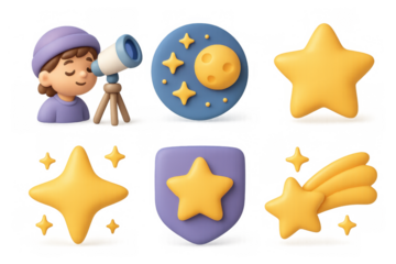 Charming cartoon star icon set with moon and telescope for design projects