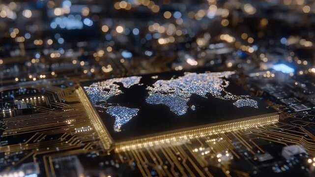 Macro shot of a processor chip with continents integrated into circuit pathways, soft reflections highlighting tiny electronic components, cinematic low-angle lighting