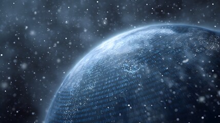 Digital Earth covered in binary code glows in a snowy star filled cosmos