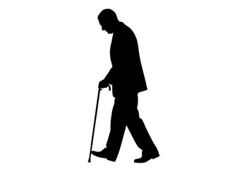 Obraz premium Silhouette Of An Elderly Man Walking With A Cane In A Formal Suit
