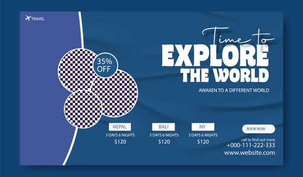 Time to explore the world with an exciting travel offer featuring waterfalls beaches and people enjoying adventures