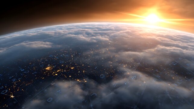Digital network overlaying the Earth during a vibrant sunrise showing city lights through clouds symbolizing global connectivity and technology - Powered by Adobe