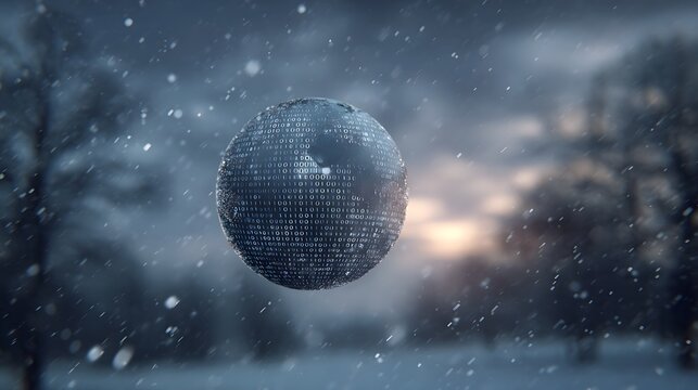 A digital globe of binary code floats in a snowy twilight forest representing global data networks - Powered by Adobe