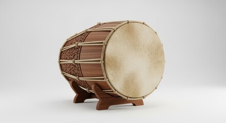 Traditional Wooden Drum With Intricate Carvings On A White Background