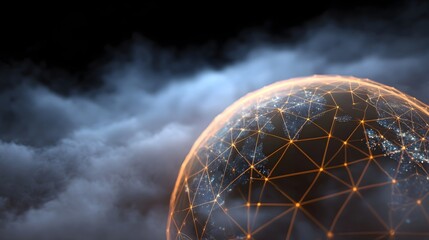 A glowing interconnected global network overlays the Earth set against a dramatic backdrop of dark clouds and mist