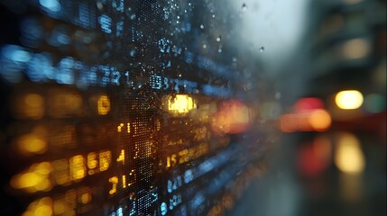 Blurred city lights and digital data streams visible through a wet rain streaked screen at dusk