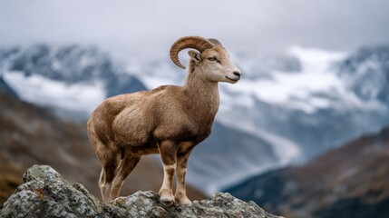 A magnificent ram perches on a rocky ledge, gazing at the stunning snow-covered mountains. The cloudy sky adds drama to this serene landscape, showcasing nature's beauty