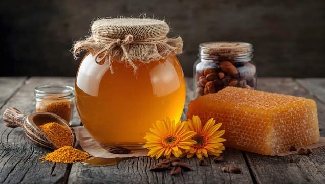 Golden honey in jar with yellow flowers and nuts, natural beauty and health concept